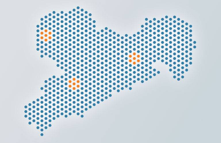 Karte Sachsens mit den drei Standorten der Handwerkskammern in Chemnitz Dresden und Leipig